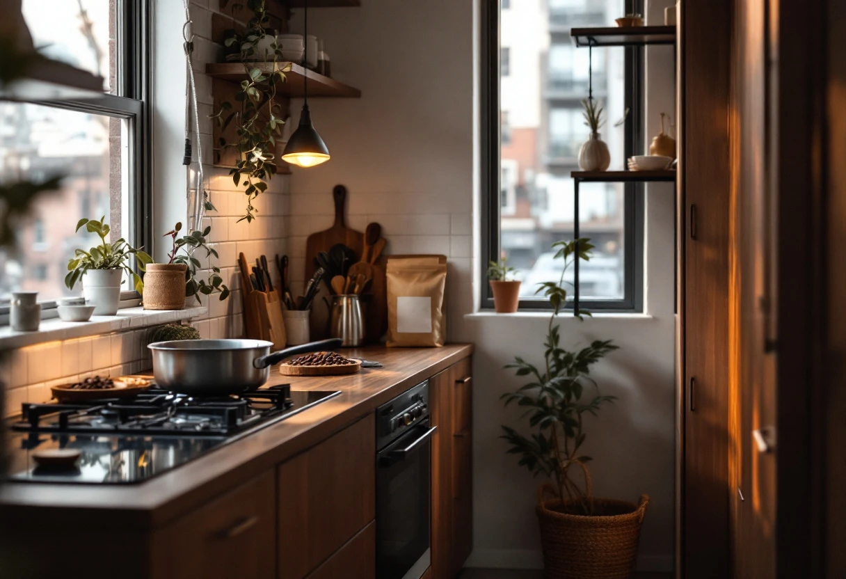 Small modern apartment kitchen with a single carbon steel pan on the stove